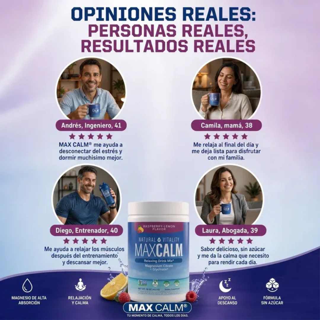 MAX CALM Bebida Relajante de Magnesio – 453 g | Calma, descanso y bienestar en cada vaso 🍓🍋
