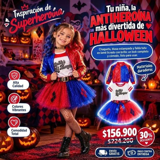 Disfraz Nina Harley Quinn Tutu 🎃3 Piezas – Tallas 2 a 16 🃏