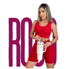 ✨ Combo Fit Pro: Short Realce + Top Push Up🍑 - ROJO
