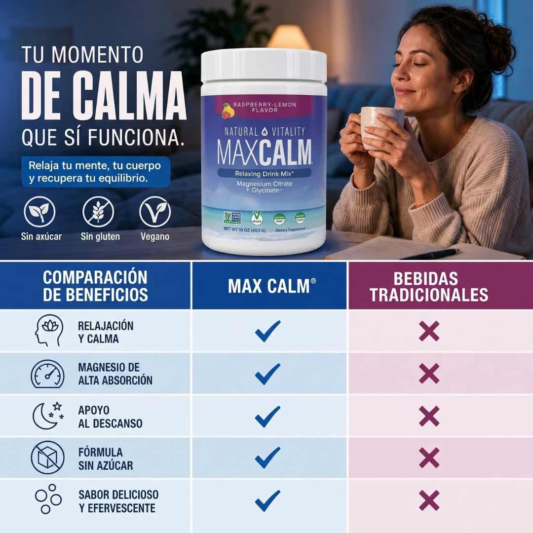 MAX CALM Bebida Relajante de Magnesio – 453 g | Calma, descanso y bienestar en cada vaso 🍓🍋