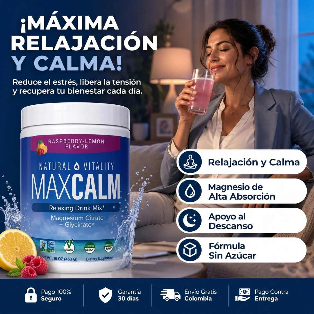 MAX CALM Bebida Relajante de Magnesio – 453 g | Calma, descanso y bienestar en cada vaso 🍓🍋