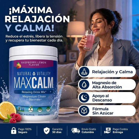 MAX CALM Bebida Relajante de Magnesio – 453 g | Calma, descanso y bienestar en cada vaso 🍓🍋