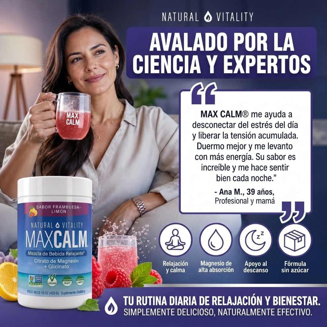 MAX CALM Bebida Relajante de Magnesio – 453 g | Calma, descanso y bienestar en cada vaso 🍓🍋