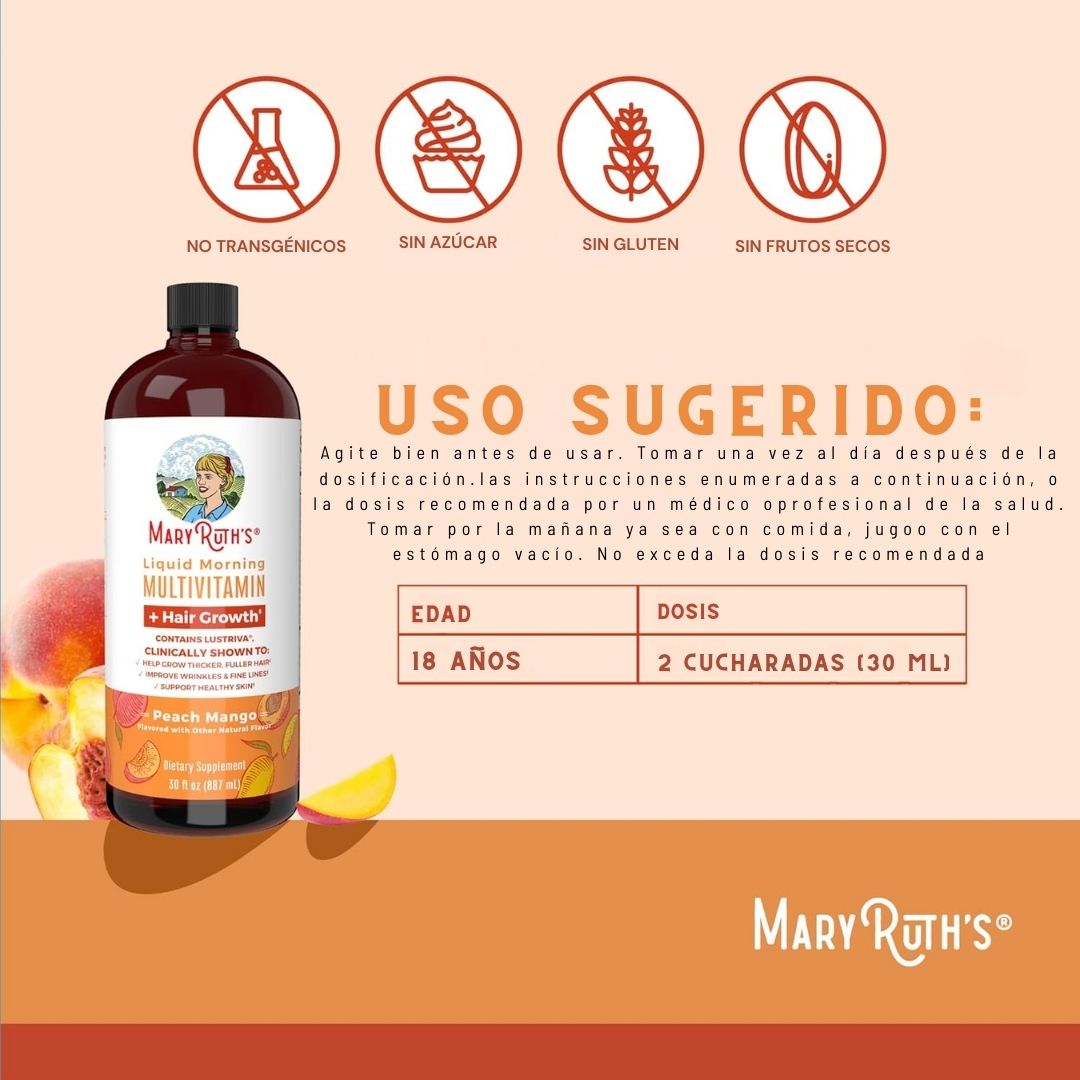 Multivitamínico Líquido MaryRuth’s x 887 ml – Cabello y Piel Radiante 🍑💆‍♀️