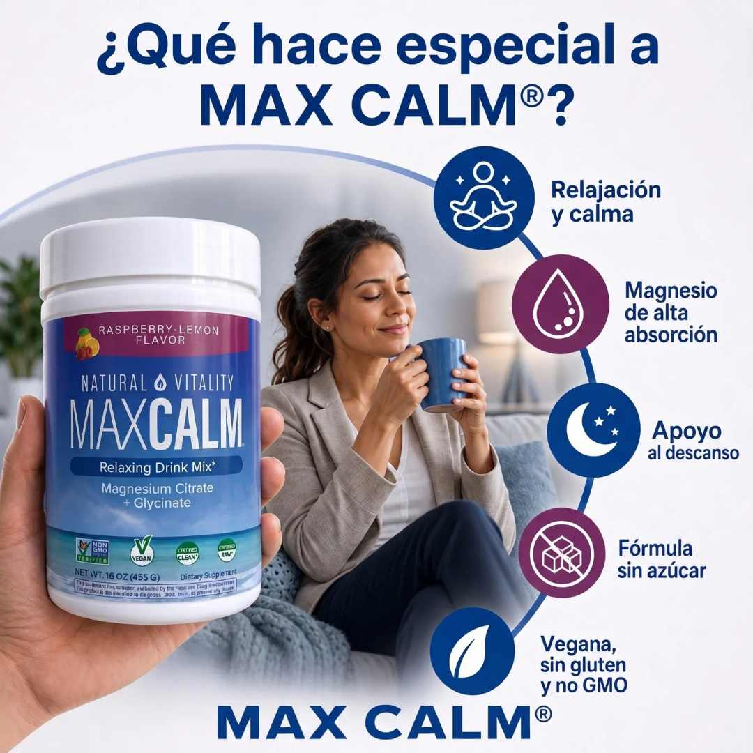 MAX CALM Bebida Relajante de Magnesio – 453 g | Calma, descanso y bienestar en cada vaso 🍓🍋