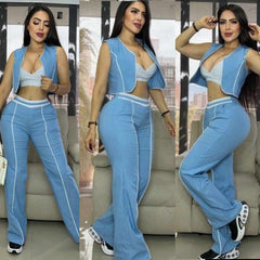 Conjunto Chaleco, Top y Pantalón – Tu Look Completo en Uno 👗 - AZUL BEBE