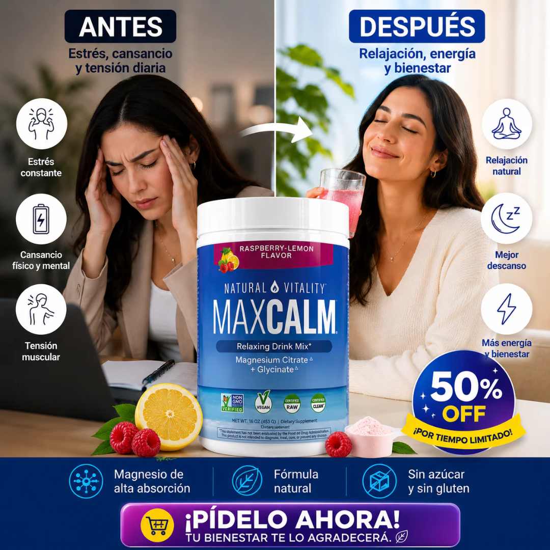 MAX CALM Bebida Relajante de Magnesio – 453 g | Calma, descanso y bienestar en cada vaso 🍓🍋