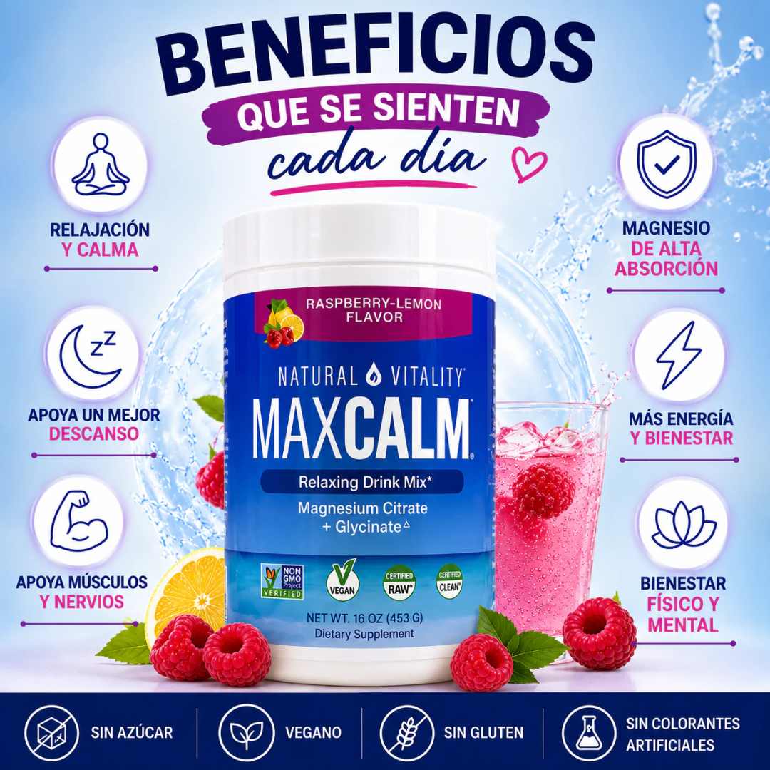 MAX CALM Bebida Relajante de Magnesio – 453 g | Calma, descanso y bienestar en cada vaso 🍓🍋
