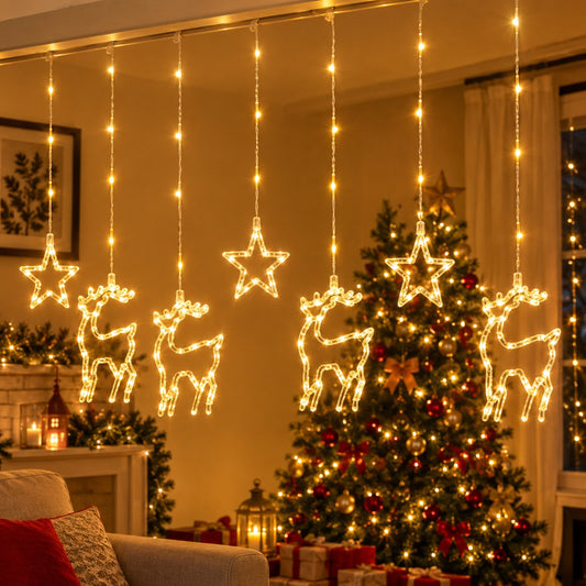 Cortina de luces LED con renos y estrellas en luz cálida