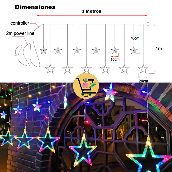 CASCADA LUCES LED ESTRELLAS, 3 y 6 METROS POR 1 METRO 🎄✨