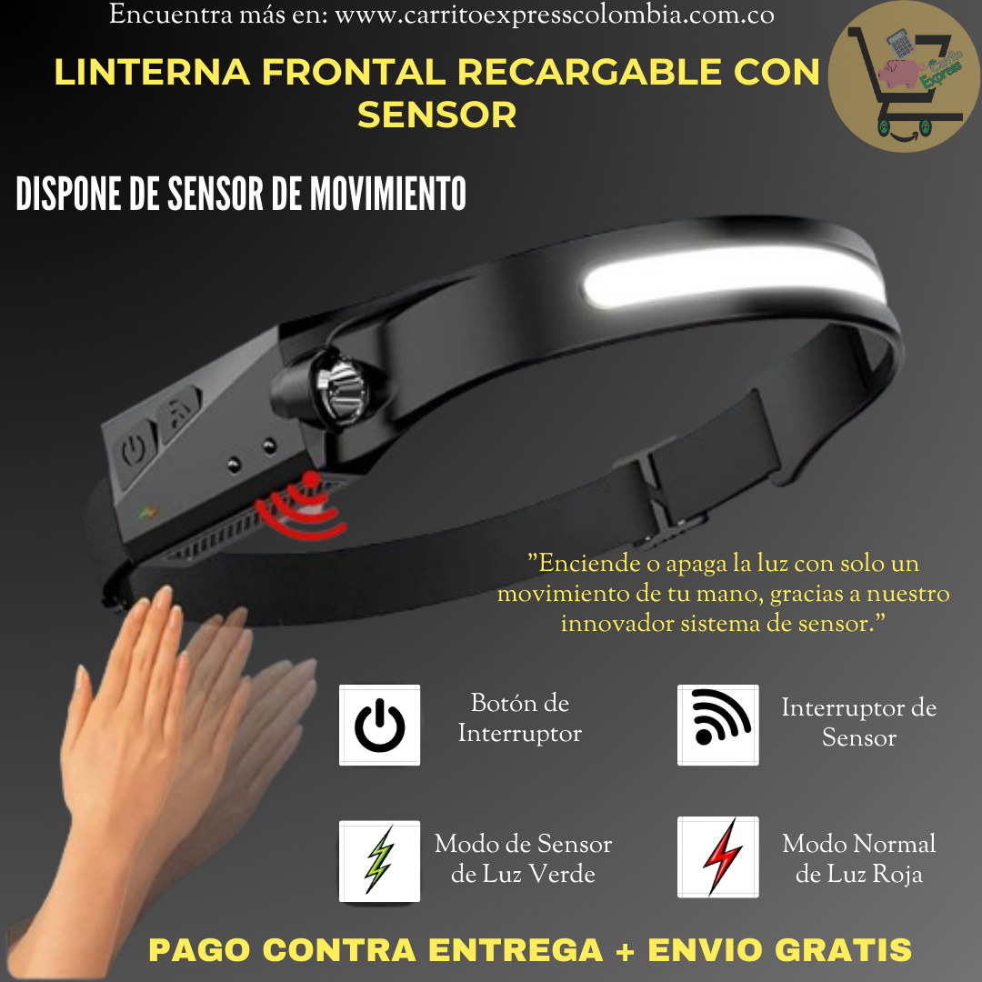 LINTERNA FRONTAL RECARGABLE CON SENSOR 🔦✨💡