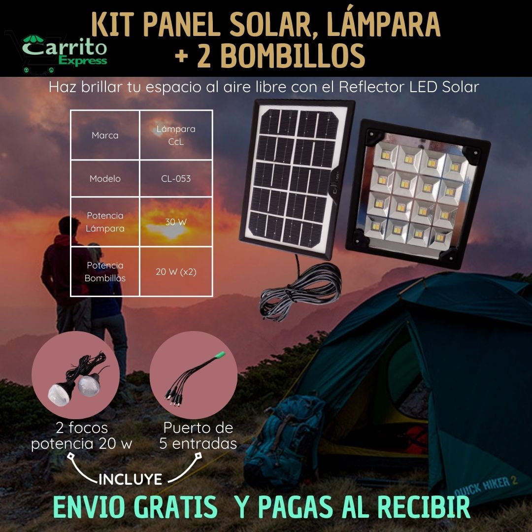 KIT PANEL SOLAR, LAMPARA + 2 BOMBILLOS