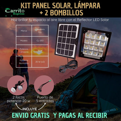 KIT PANEL SOLAR, LAMPARA + 2 BOMBILLOS