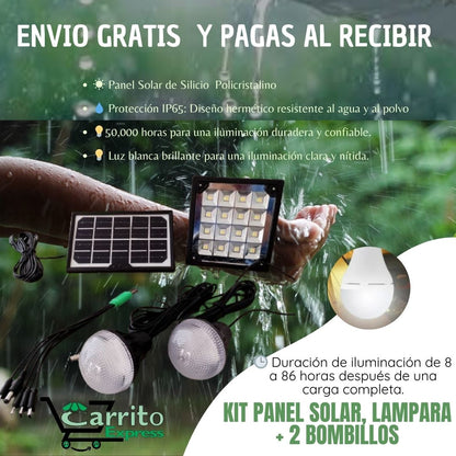KIT PANEL SOLAR, LAMPARA + 2 BOMBILLOS