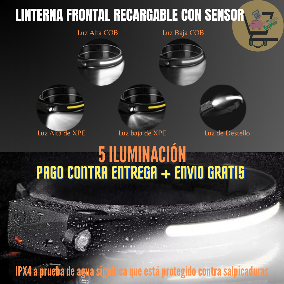 LINTERNA FRONTAL RECARGABLE CON SENSOR 🔦✨💡