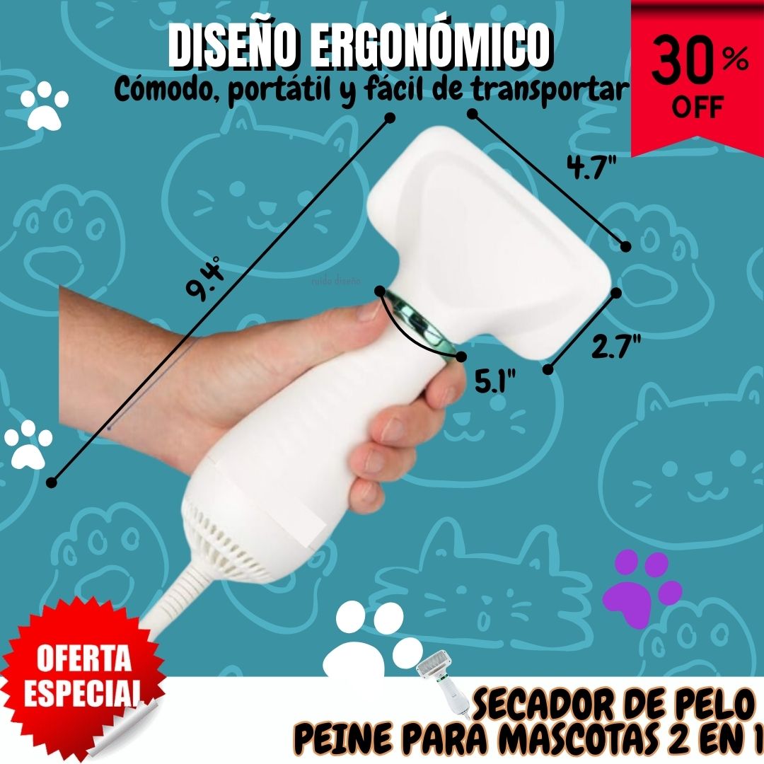 Secador De Pelo Peine Para Mascotas 2 En 1