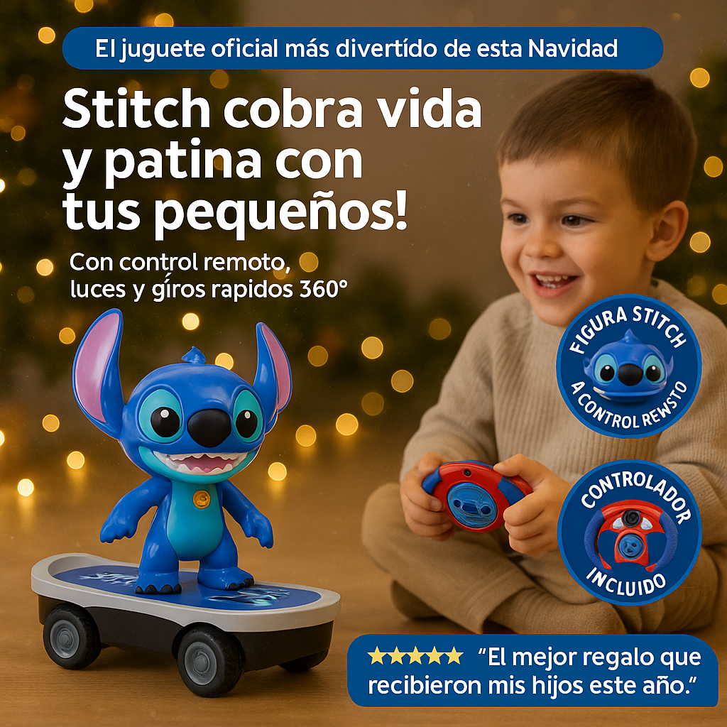Juguete de Stitch en patineta con control remoto, luz y movimiento🛹